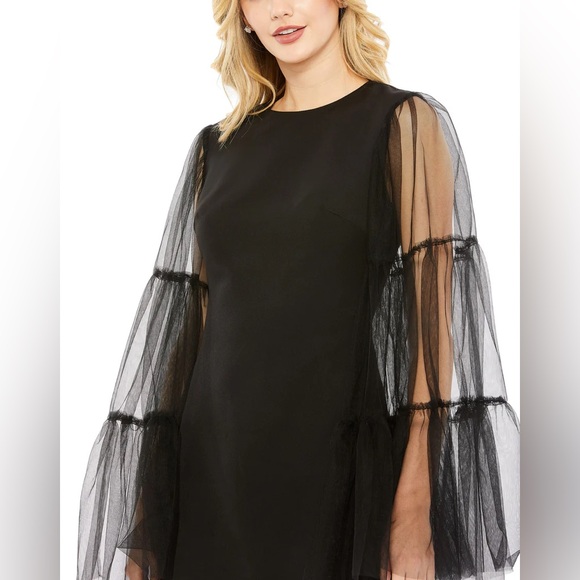 Mac Duggal 49612 High Neck Flared Illusion Sleeve Mini Dress Size 2 NWT Black - Picture 2 of 4